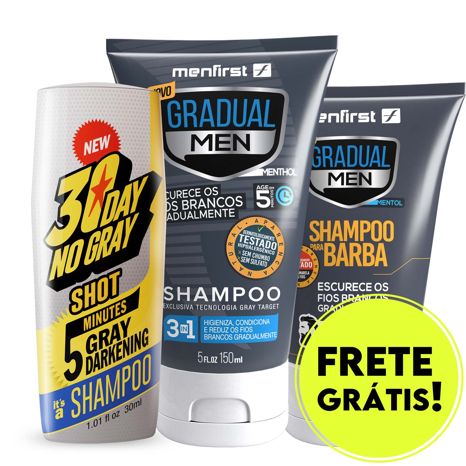 Combo 1 Shampoo Black + 1 30 Day No Gray + 1 Shampoo Barba - Total 3 Produtos
