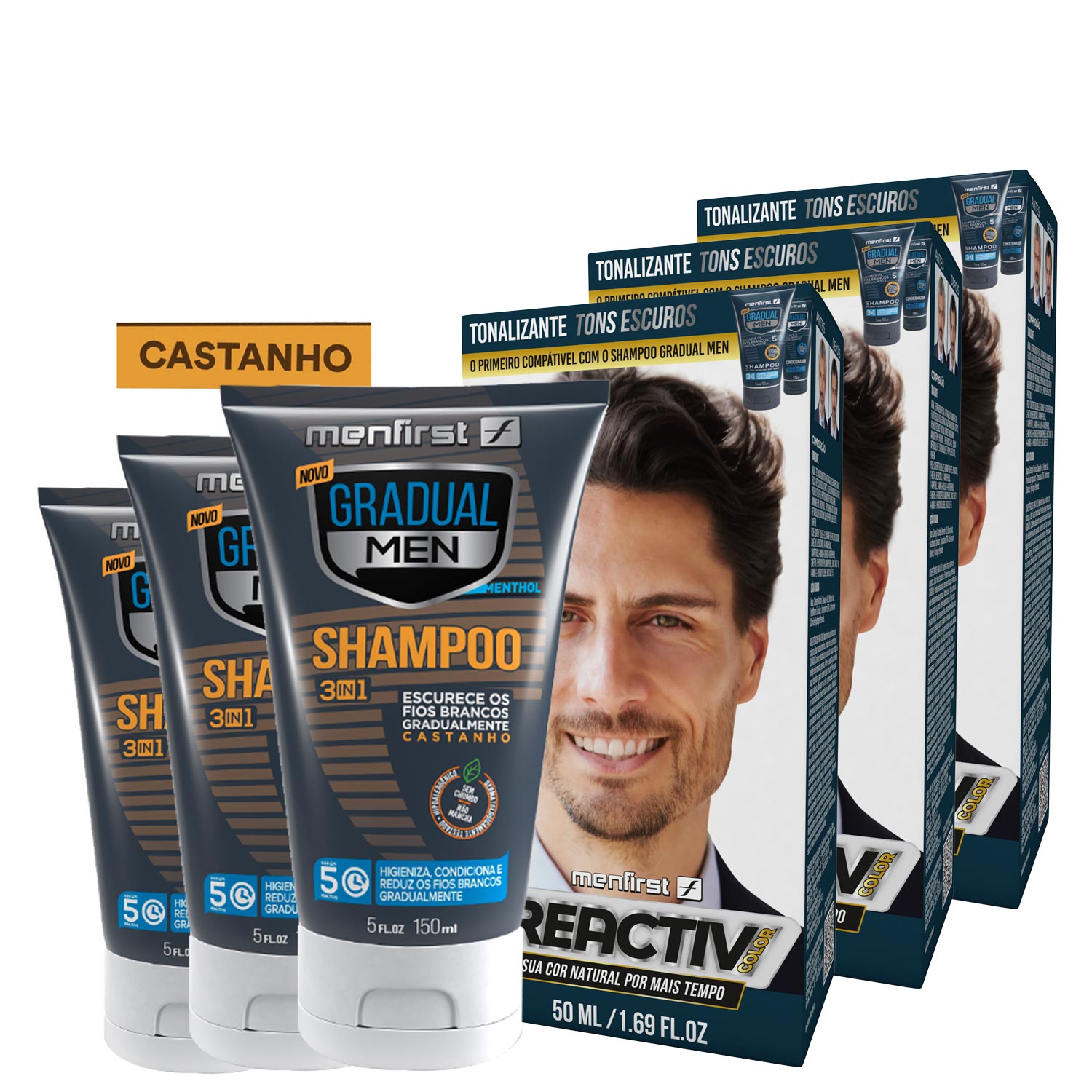 Combo 3 Tonalizante + 3 Shampoo Cabelo Castanho Escuro - Castanho - Total 6 Produtos