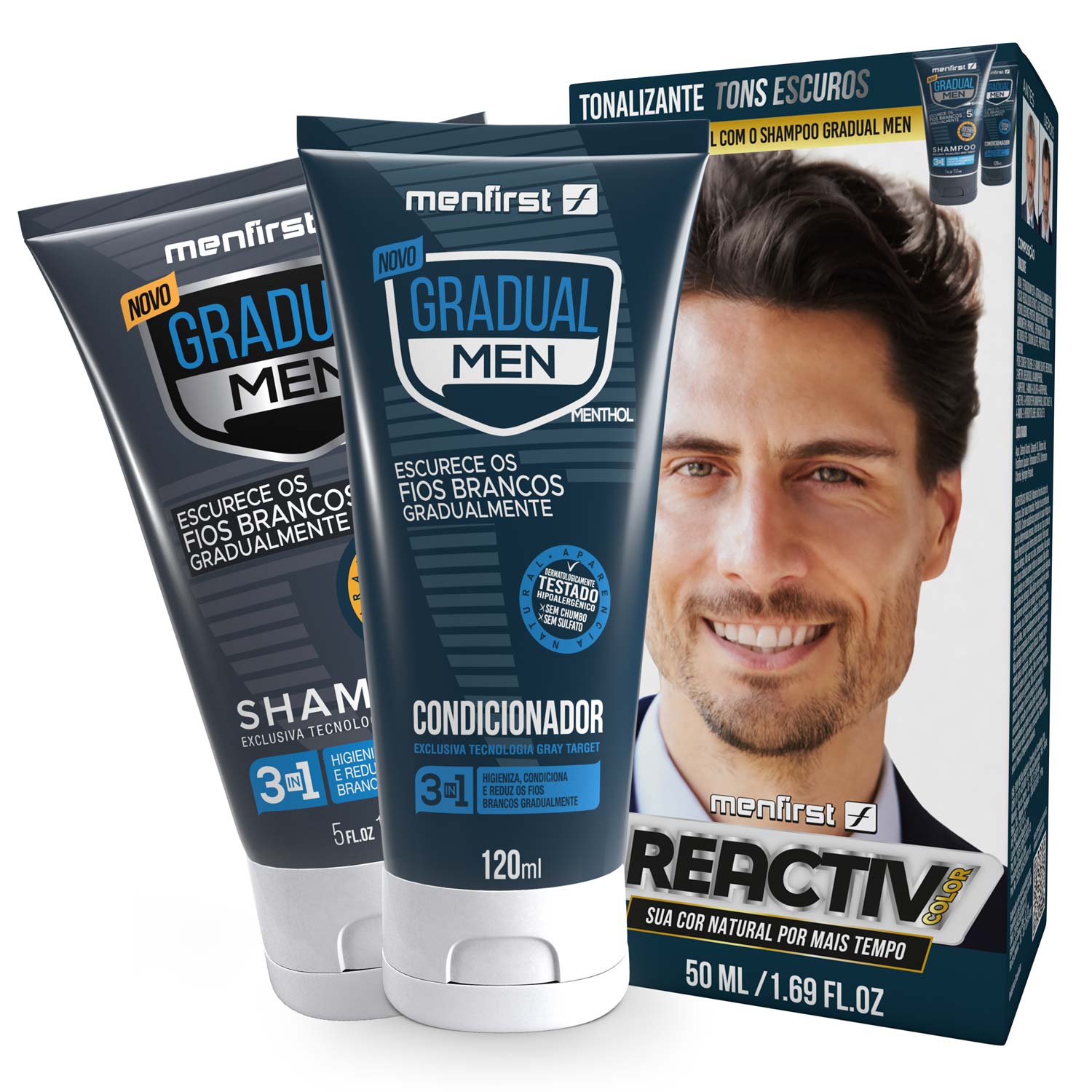 Combo Condicionador Gradual Men + Shampoo Gradual Men tradicional + Tonalizante Reactiv Color - Total 3 Produtos