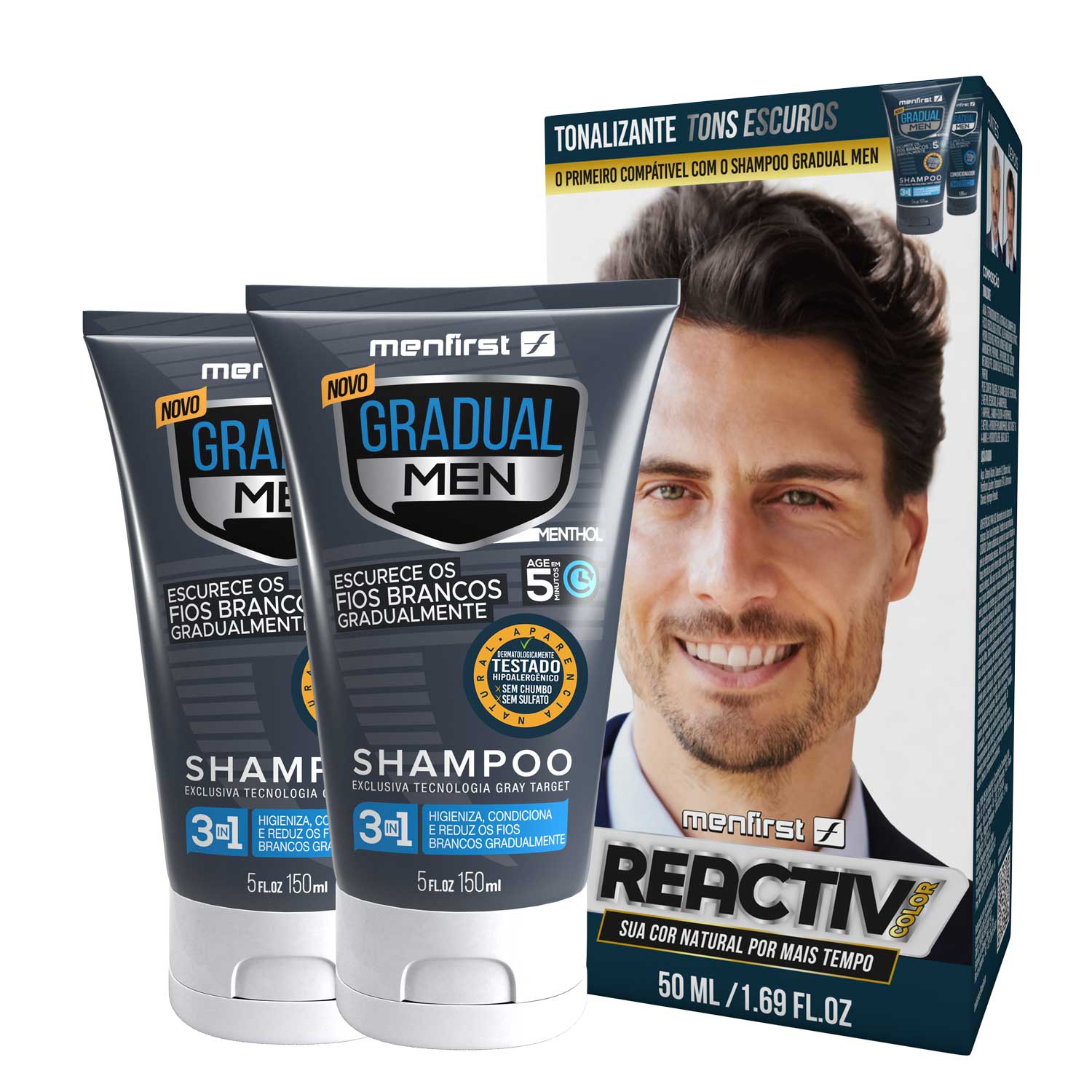 Combo Tonalizante Reactiv Color + 2 Shampoo para Cabelo Masculino - Tons escuros - Total 3 Produtos