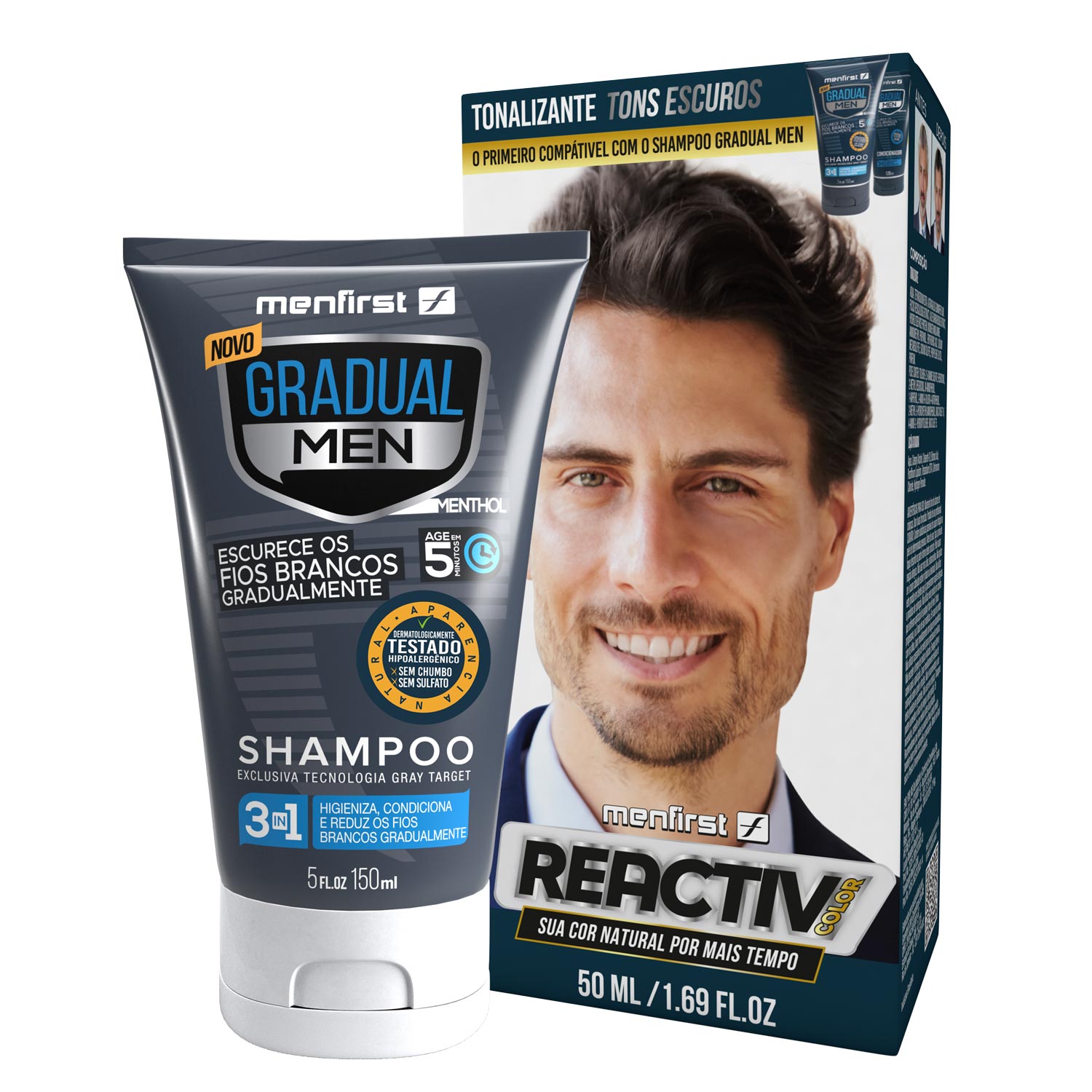 Combo Tonalizante Reactiv Color + Shampoo para Cabelo Masculino - Tons escuros - Total 2 Produtos