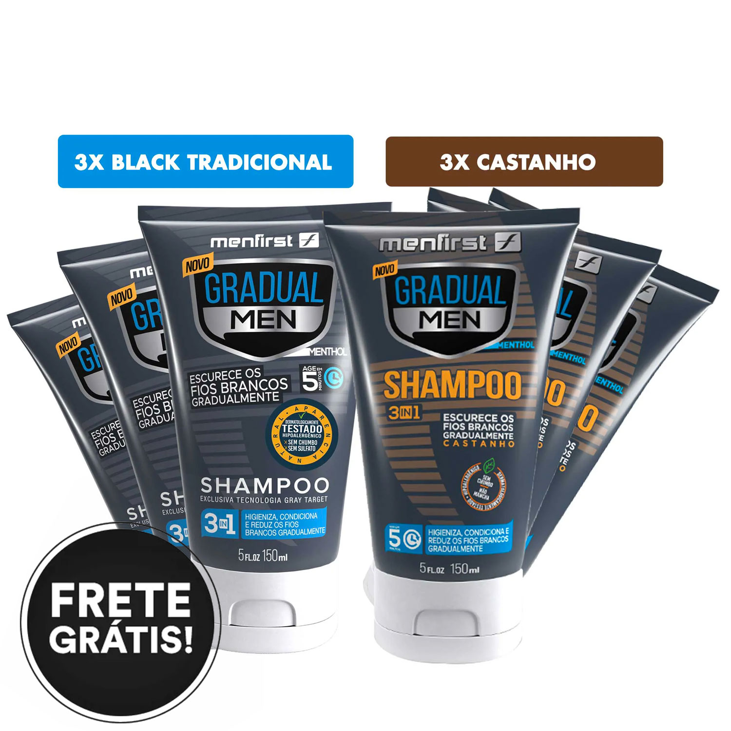 Kit 3 Black + 3 Castanho Shampoo Escurecedor de Cabelo Gradual Men | Menfirst  - Total 6 Produtos